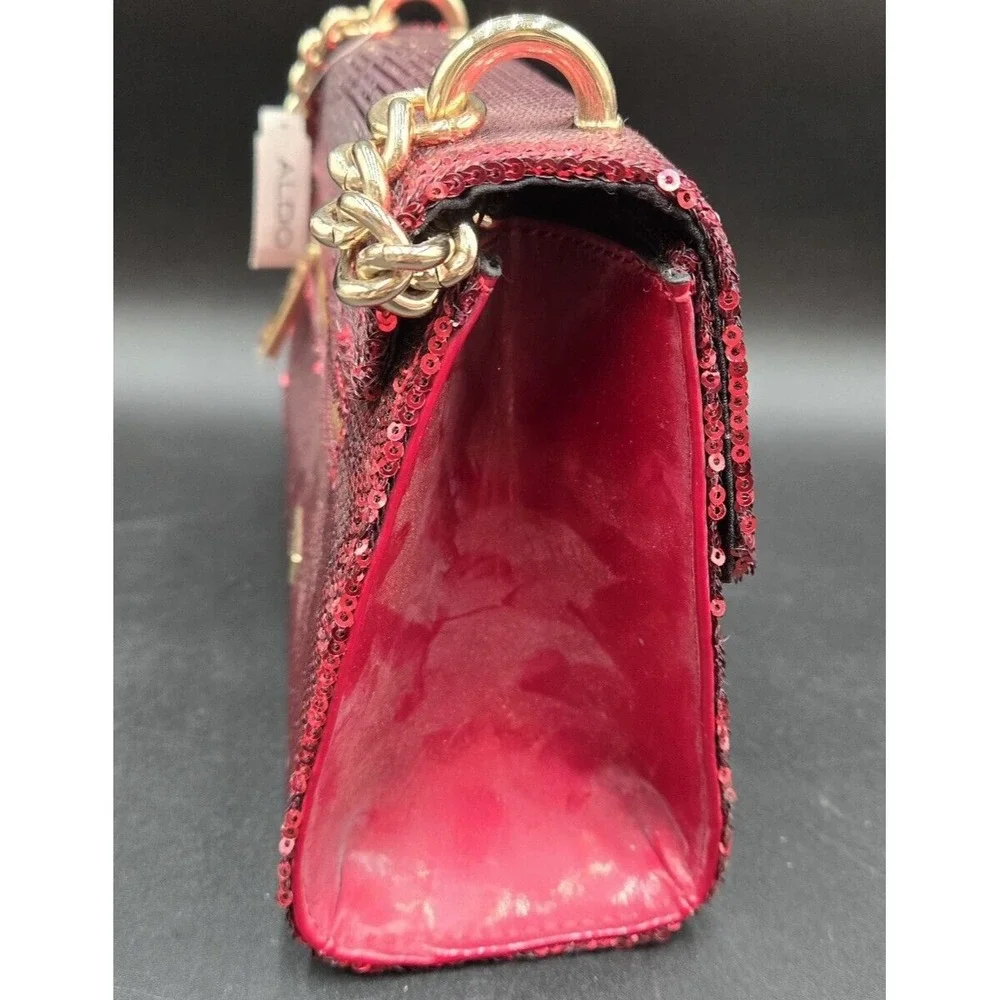 Aldo Red Sequent Handbag W/ Yellow Metal Chain Adjustable‎ Evening Event Purse